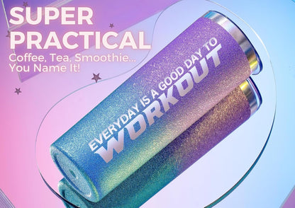 Onebttl Workout Everyday Fitness Gifts for Women, Girls - Glitter Cup Gifts for Gym Lovers on Birthday, Christmas - 20 oz SS304 Stainless Steel Tumbler with Lid and Straw