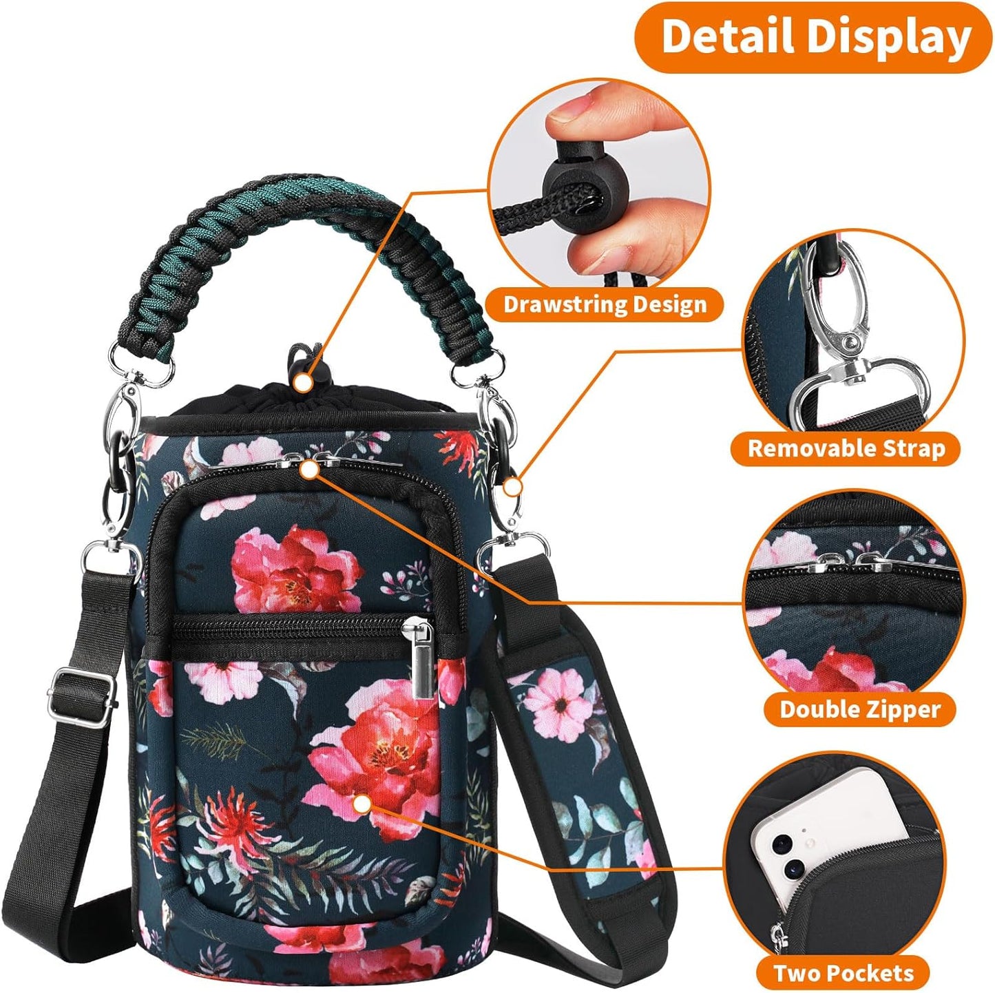 AceTreker 32/40/64/128 oz Neoprene Insulated Water Bottle Carrier Bag, Sling Bag Sleeve Pouch Holder with Strap & Paracord Handle and 2 Pocket for Travelling, Hiking, Camping