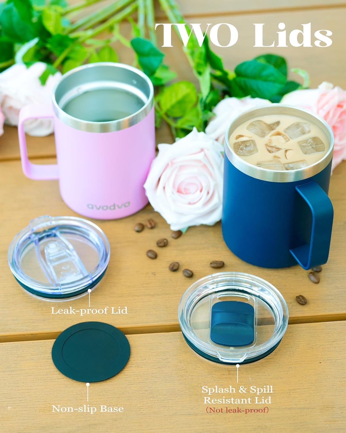 12oz Insulated Coffee Mug with Lid – Includes Two Lids, Stainless Steel Coffee Travel Mug with Handle, Double Wall Vacuum Insulated Camping Mug for Home, Office & Outdoor, Navy Blue