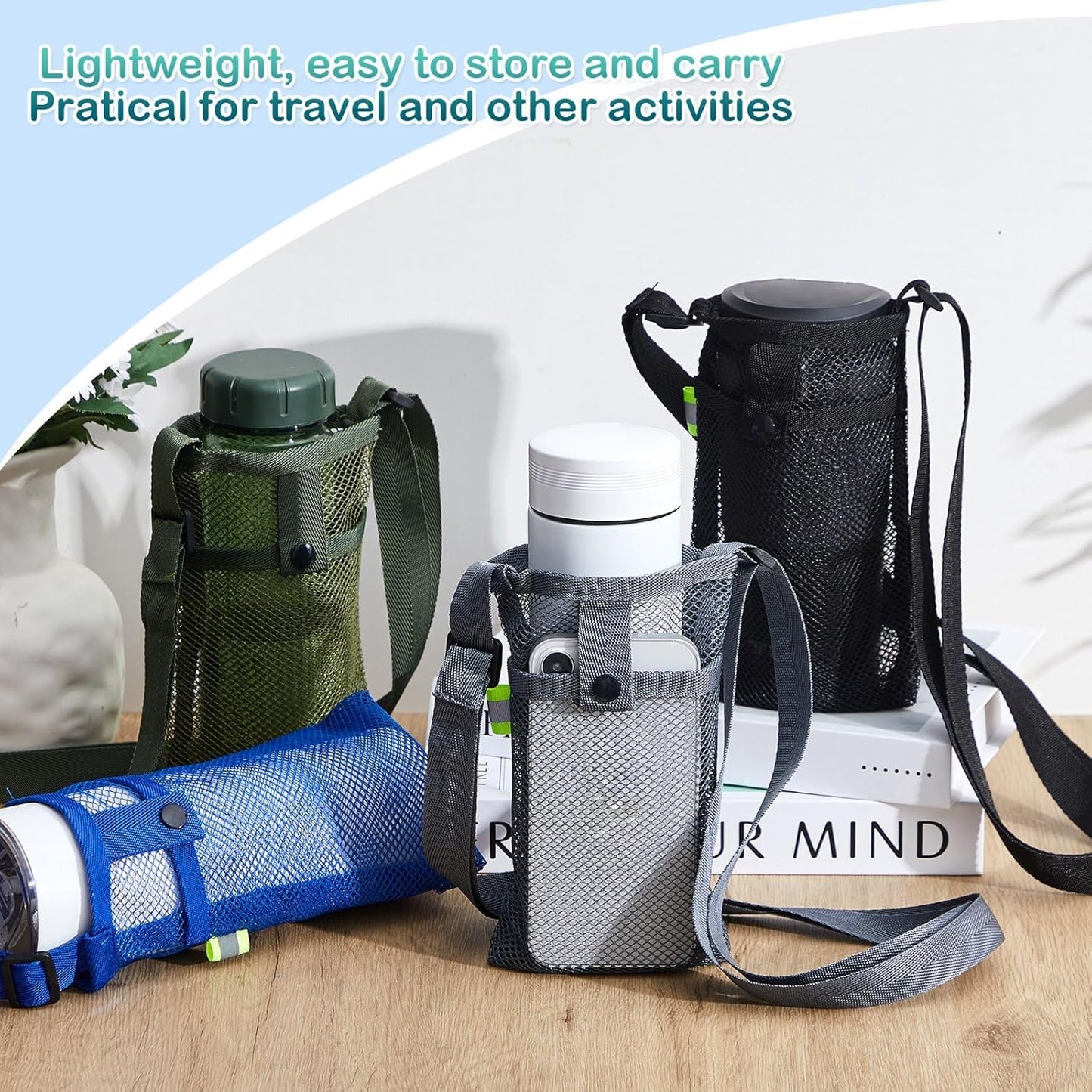 Mumufy Mesh Water Bottle Sling Holder with Adjustable Strap Crossbody Bottle Sleeve Carrier with Pouch for Outdoor Activities
