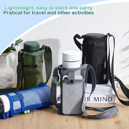 Mumufy Mesh Water Bottle Sling Holder with Adjustable Strap Crossbody Bottle Sleeve Carrier with Pouch for Outdoor Activities