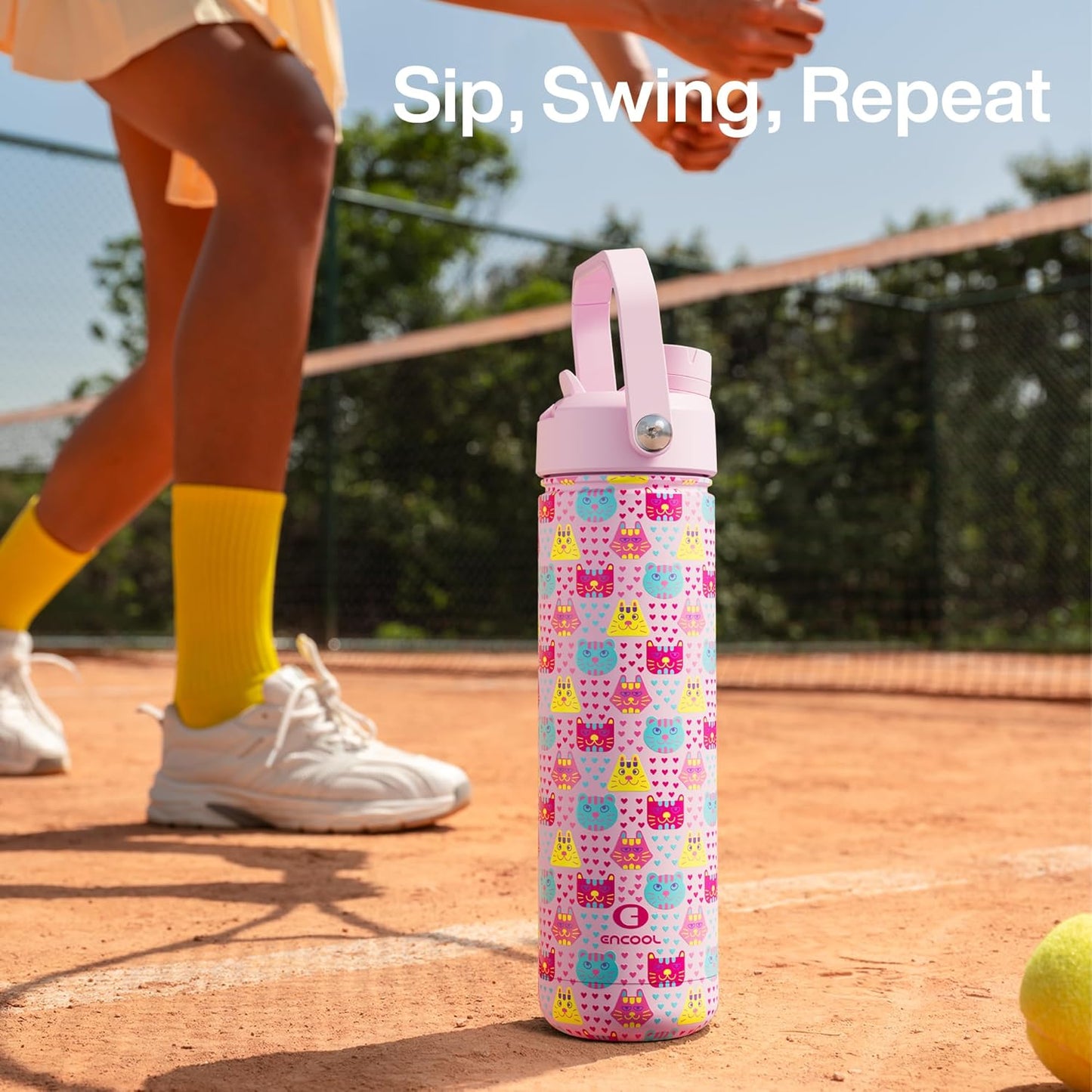ENCOOL Insulated Water Bottle with Straw Stainless Steel Water Bottle, Leak-Proof, BPA-Free, Double Wall Vacuum Keeps Cold for 24 Hours for Sports, Travel, School (26 oz, Cotton Candy) - Colors D