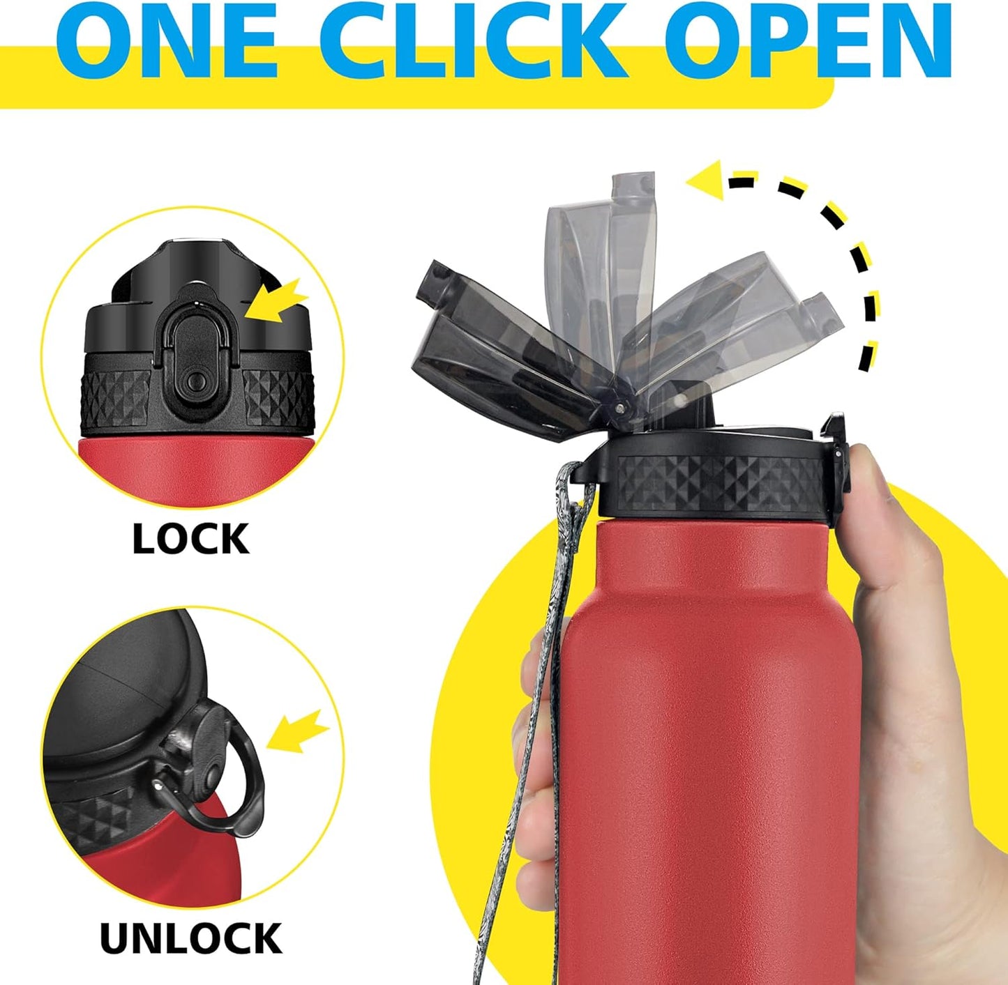 Han's Bottle Sports Water Bottle - 24 Oz, Straw Lid, Leak Proof, Vacuum Insulated Stainless Steel, Double Walled, Thermo Mug,Black