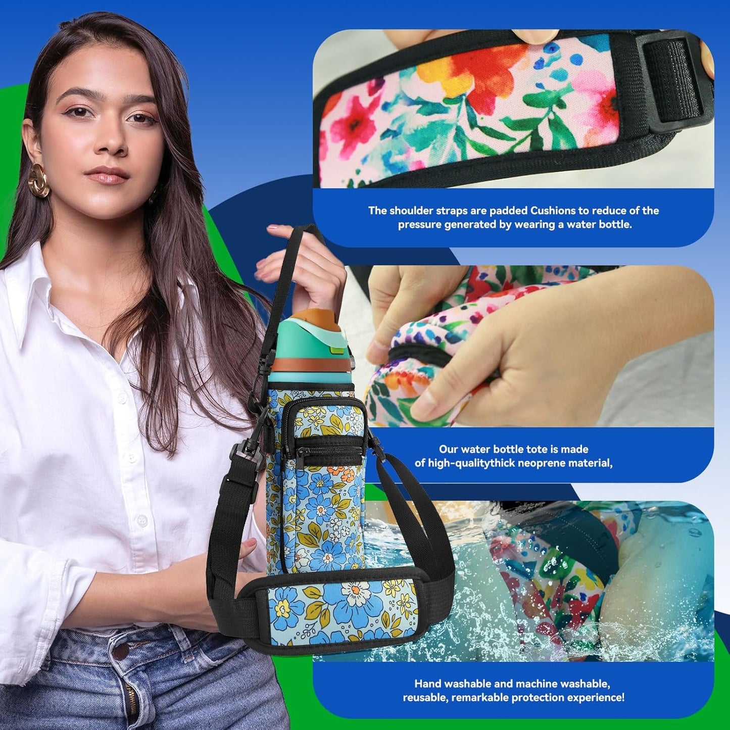 Neoprene Water Bottle Holder Bag with Cell Phone Pocket Compatible with Owala FreeSip 24 oz，Water Bottle Carrying Bag ，with Adjustable Shoulder Strap,for 24oz Stainless Steel Water Bottle