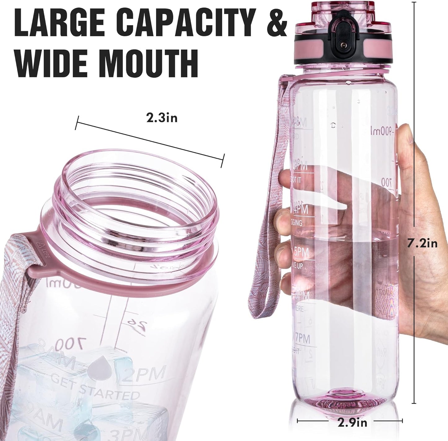 OLDLEY Water Bottle, 32oz Motivational Sports Water Bottle with Time Marker - Times to Drink - Tritan, BPA Free, Wide Mouth Leakproof, Clear (1 Bottle)