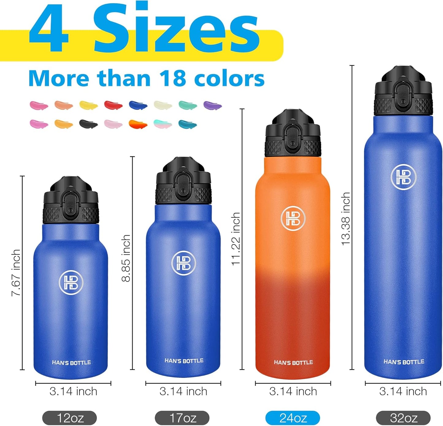 Han's Bottle Sports Water Bottle - 24 Oz, Straw Lid, Leak Proof, Vacuum Insulated Stainless Steel, Double Walled, Thermo Mug,Black