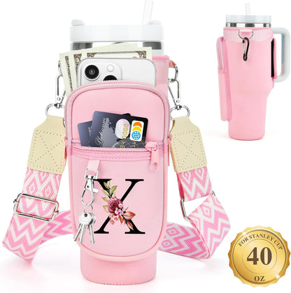 LOKASS Personalized Water Bottle Holder with Strap for Stanley Cup Accessories 40 oz, Initial for Stanley Cup Holder Carrier Bag with Phone Pocket, Stylish Tumbler Accessories for Daily Use Hands-Free