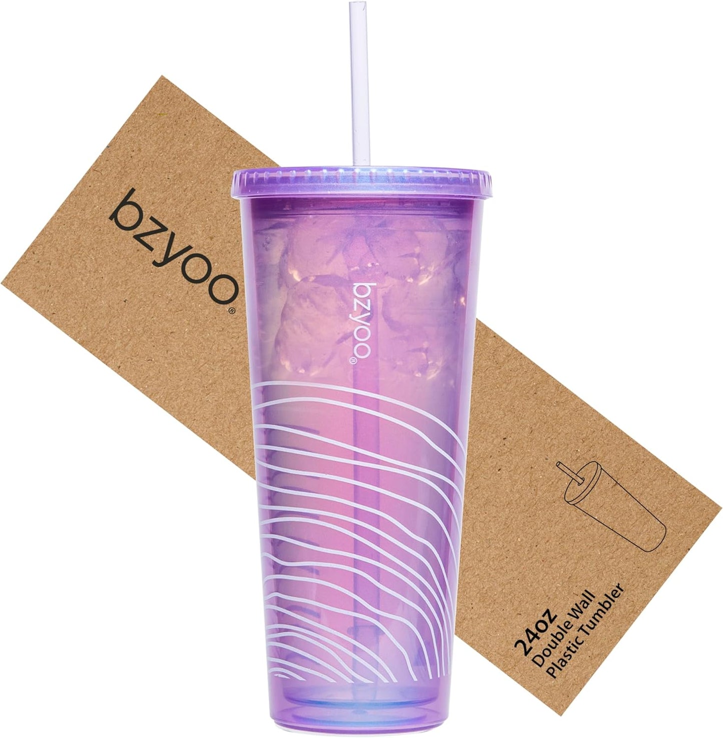 bzyoo SIP 24oz (710ml) Double Wall Plastic Tumbler with Lid and Straw Cold Drink Travel Mug Reusable Party Cup Perfect for Office Ice Coffee or Tea and Gift Color: Pink & Purple