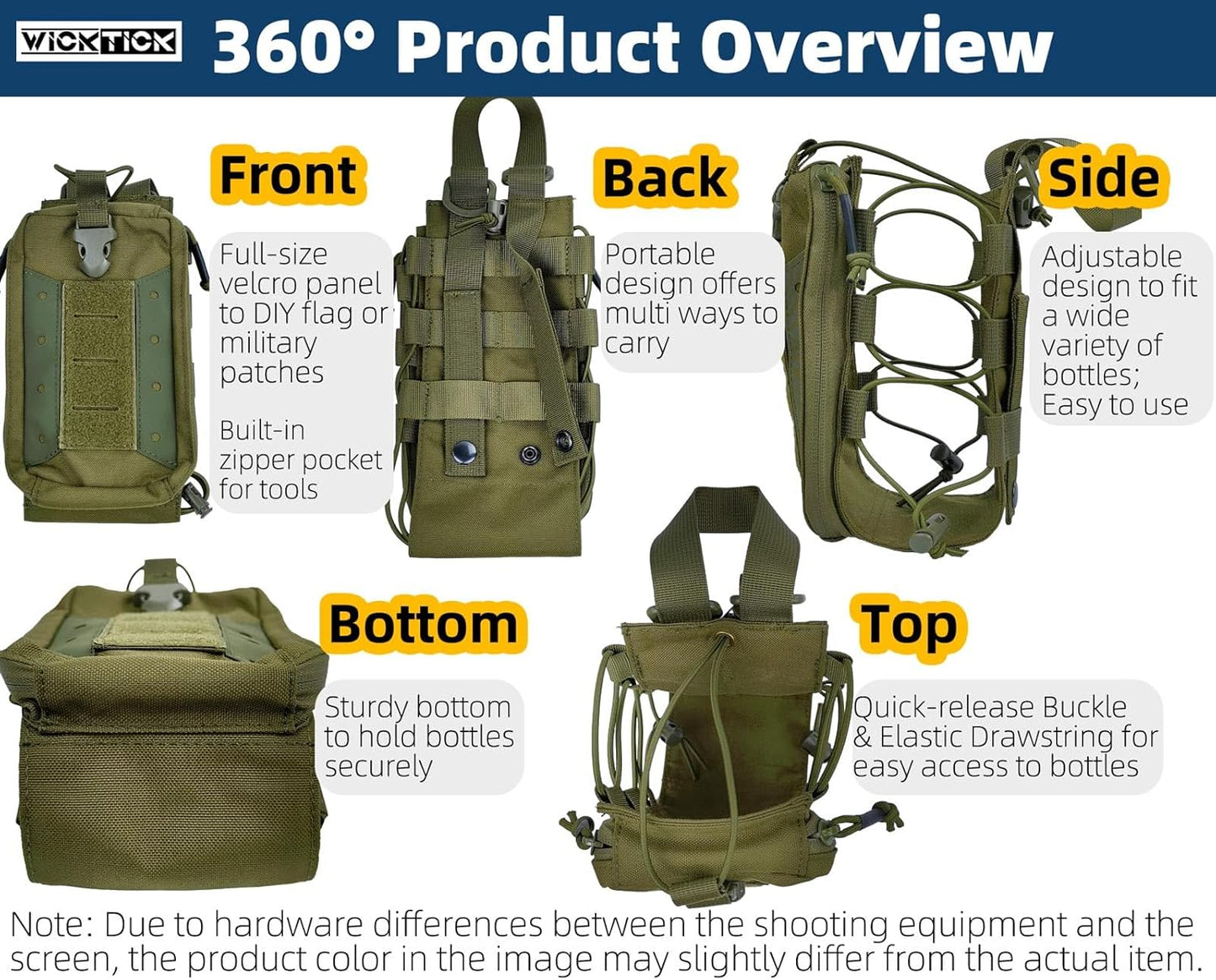 WICKTICK Molle Water Bottle Holder Pouch 16 24 32 40 64 oz - Multi-Purpose Tactical Fuel Bottle Bag, Adjustable Size for Outdoor Activities, Adapted to Backpack/Vest/Belt