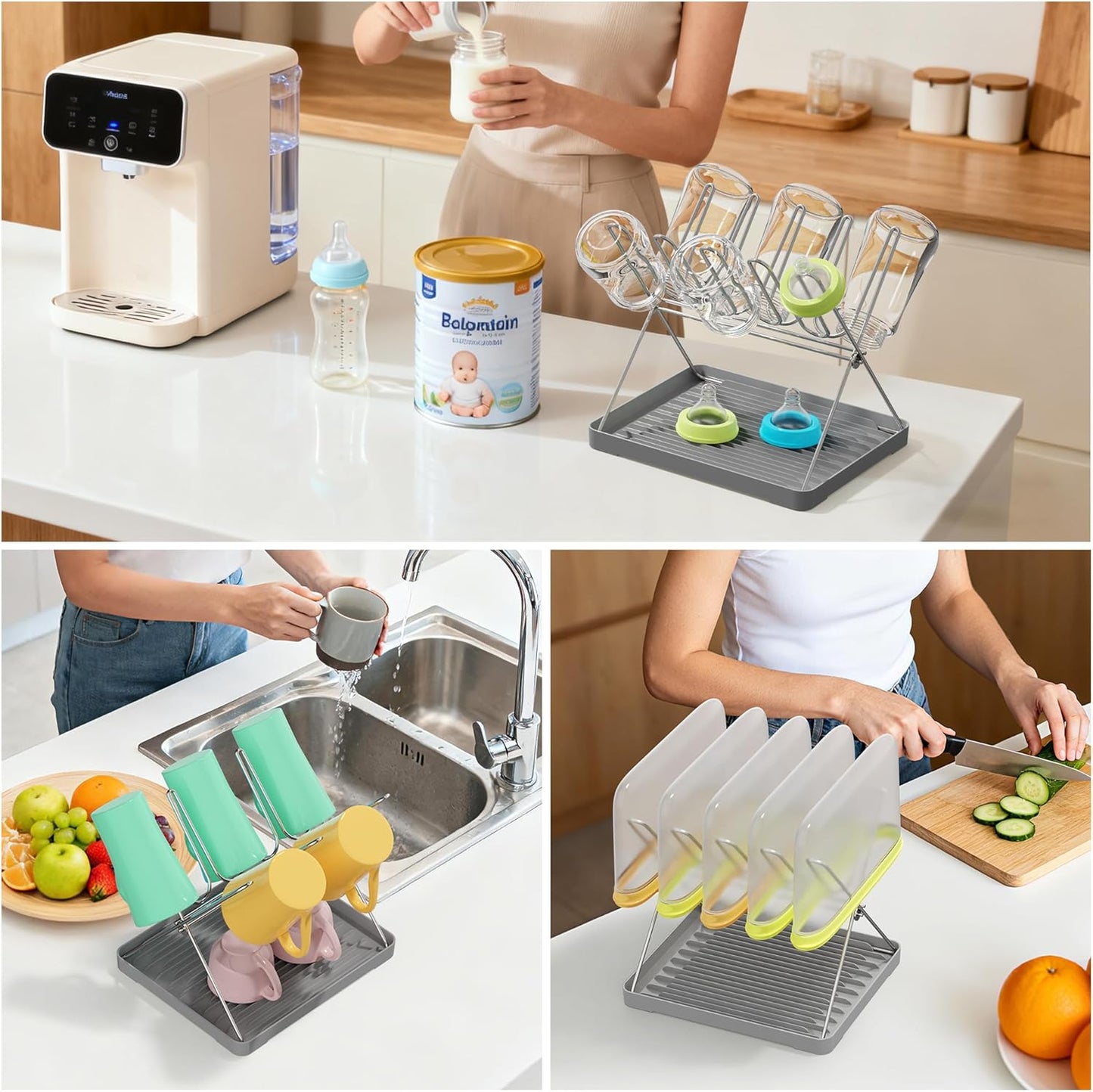 Bottle Drying Rack, Stainless Steel Foldable Water Bottle Drying Rack Organizer with Drain Tray for Baby Bottles, Cups, Mugs and Glass, Baby Bottles Dryer Countertop, Stainless Steel