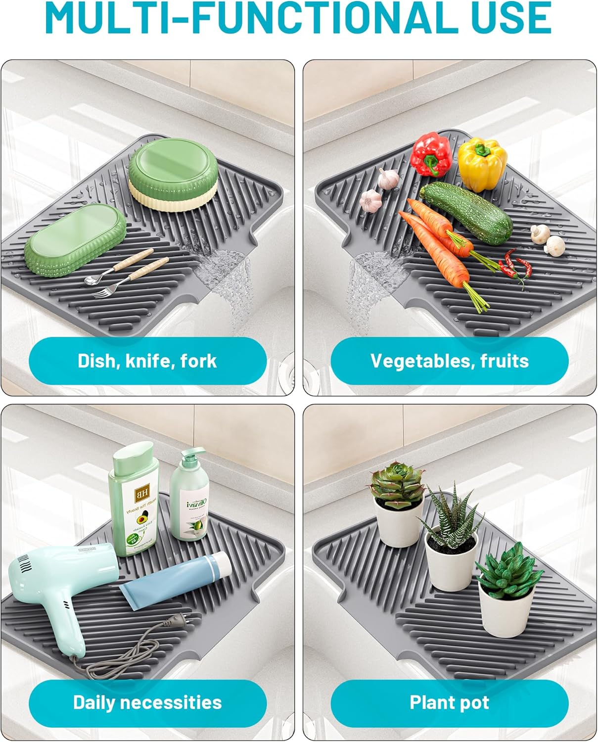 Dish Drying Mat Kitchen Counter - Silicone Dish Drying Pad with Built-in Drain for Sink, Refrigerator and Drawer Liner, Easy Clean, Non-Slip, Heat Resistant, 14.8" x 10.7"