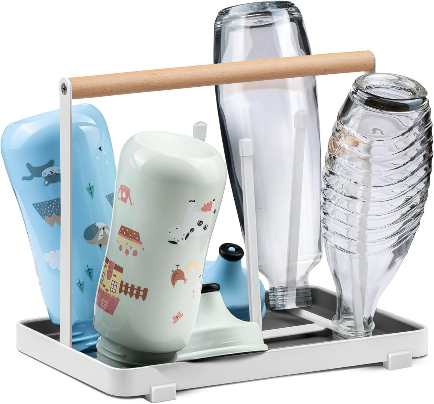 D&D Living All-in-One Bottle Holder for SodaStream - Drying Rack for Bottles of All Kinds: Duo, Crystal, Easy, Drinking and Baby Bottles - Universal Drying Stand (Metal, White)