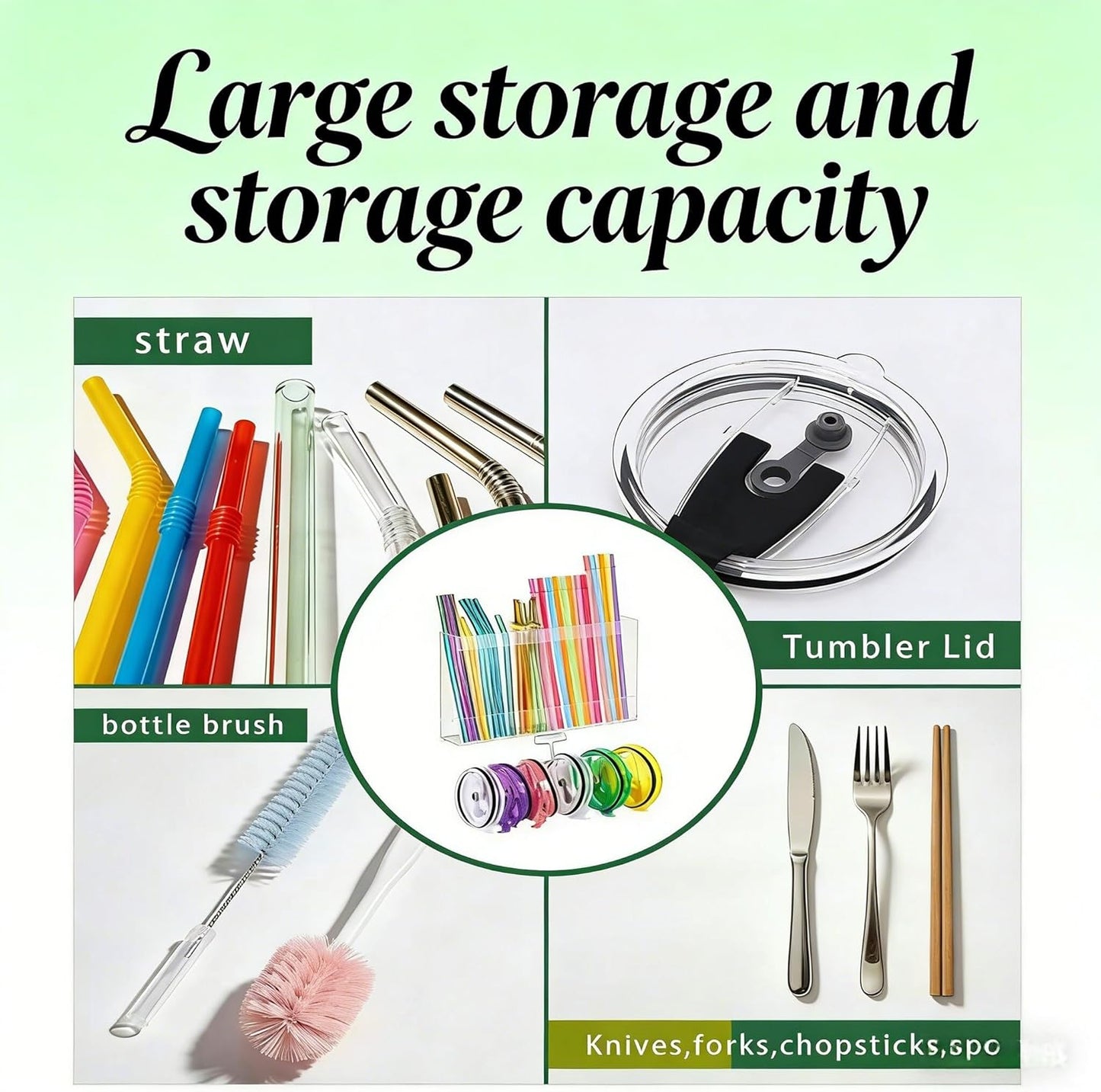 10''Acrylic Straw Holder for Cabinet Door with Tumbler Straw Organizer,Large Straw Storage with Washable Sticky Reusable Cup Lid Holder,Water Bottle Accessories Organizer for Kitchen(Clear)