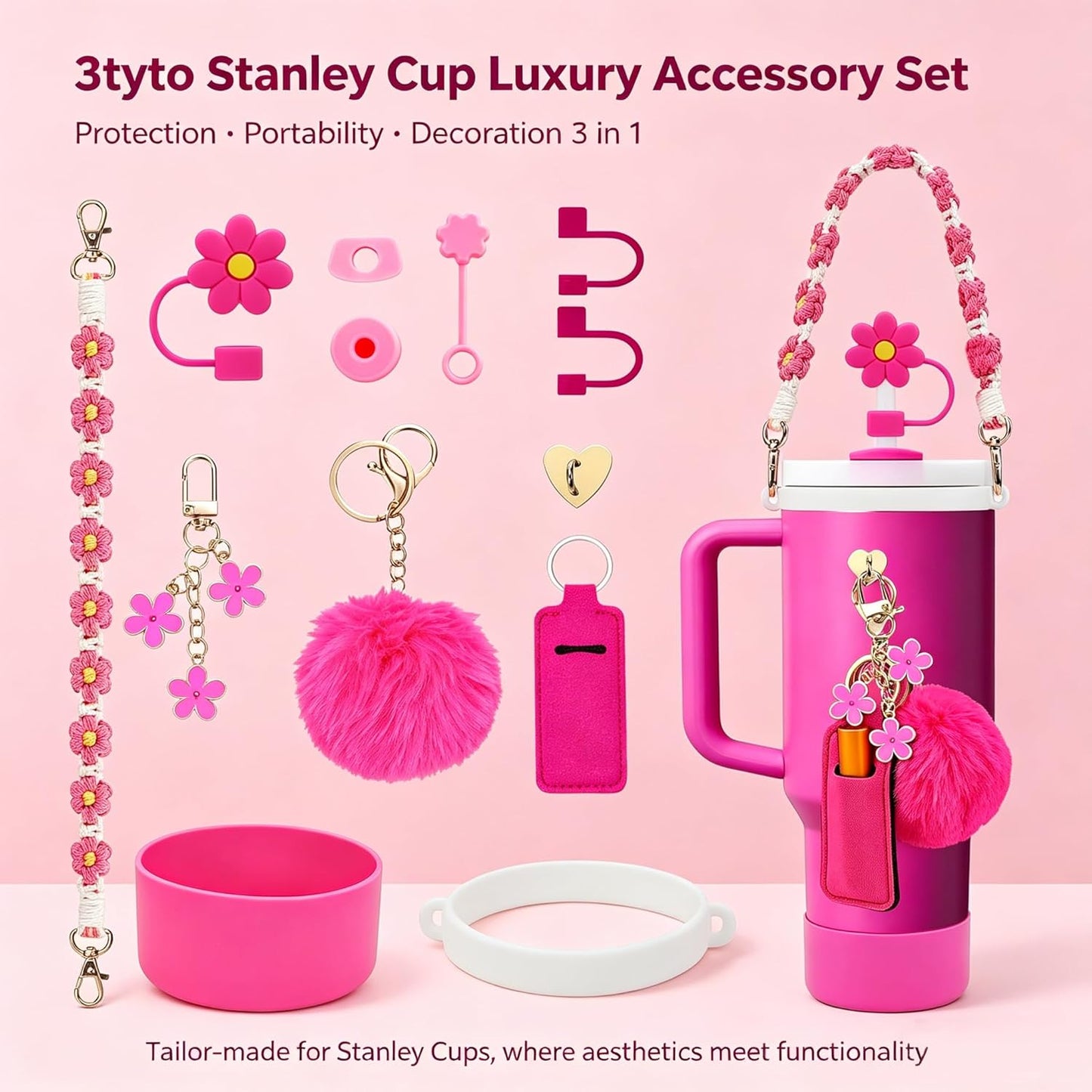 3tyto 13 Pcs Stanley Cup Accessories Set Including Water Bottle Handle Strap, Siliocne Stanley Cup Boot, Siliocne Straw Cover, Stanley Charms for Stanleys Cup 40oz & 30oz Tumbler