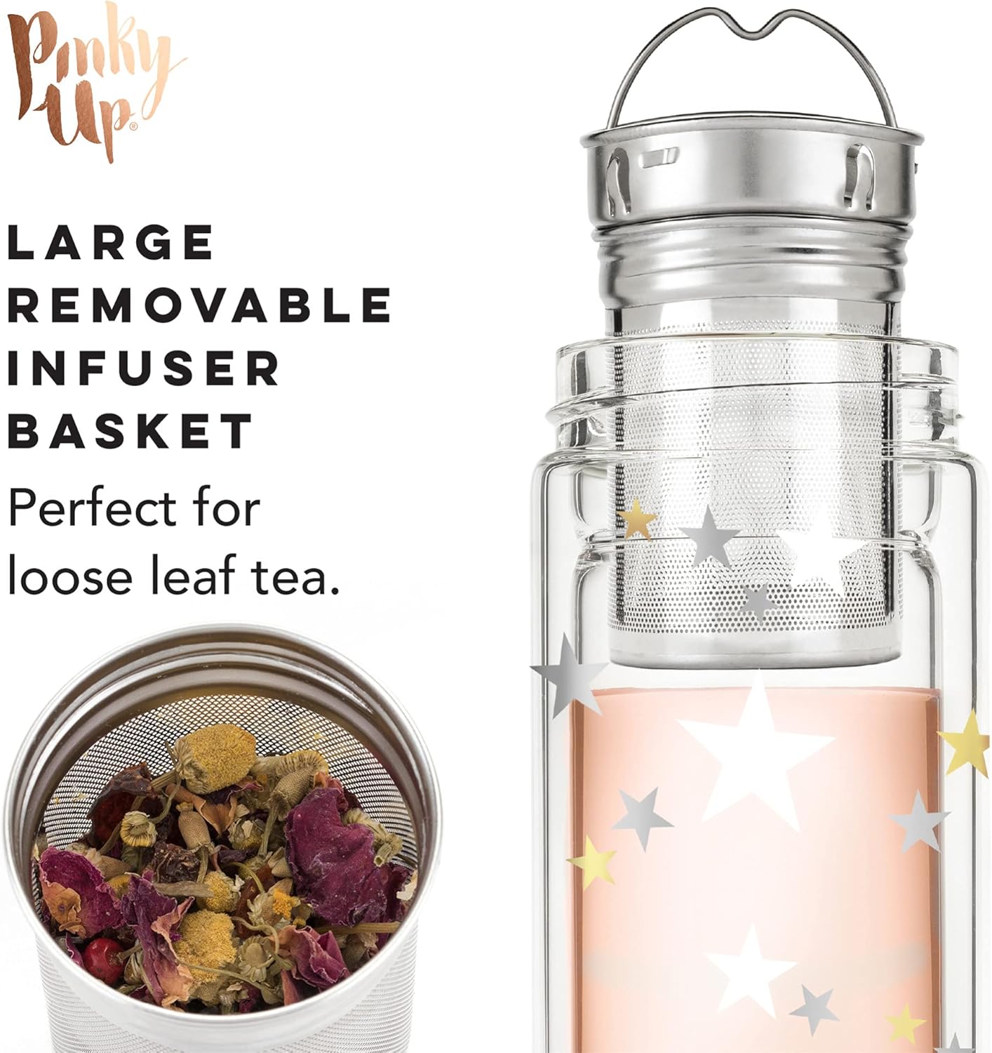 Pinky Up Blair Travel Tea Infuser Mug, Double Walled Insulated Travel Tumbler with Loose Leaf Tea Strainer, Travel Coffee Mug, Keeps Drinks Hot or Cold, 16 oz, White Leaf