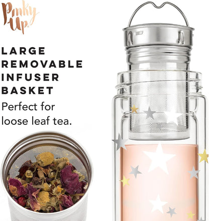 Pinky Up Blair Travel Tea Infuser Mug, Double Walled Insulated Travel Tumbler with Loose Leaf Tea Strainer, Travel Coffee Mug, Keeps Drinks Hot or Cold, 16 oz, White Leaf