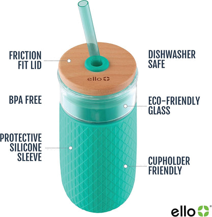 Ello Devon Glass Tumbler , Protective No Sweat Silicone Sleeve and Splash Proof Wooden Detail Lid with Straw, 18 oz