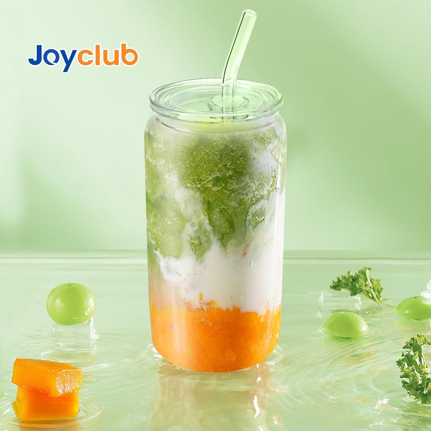 Joyclub 8pcs 16 oz Glass Cups with Acrylic Lids and Straws Can Shaped Iced Coffee Glasses Cute Tumbler Set Drinking Jars for Smoothie Soda Boba Beer Party Housewarming Gifts