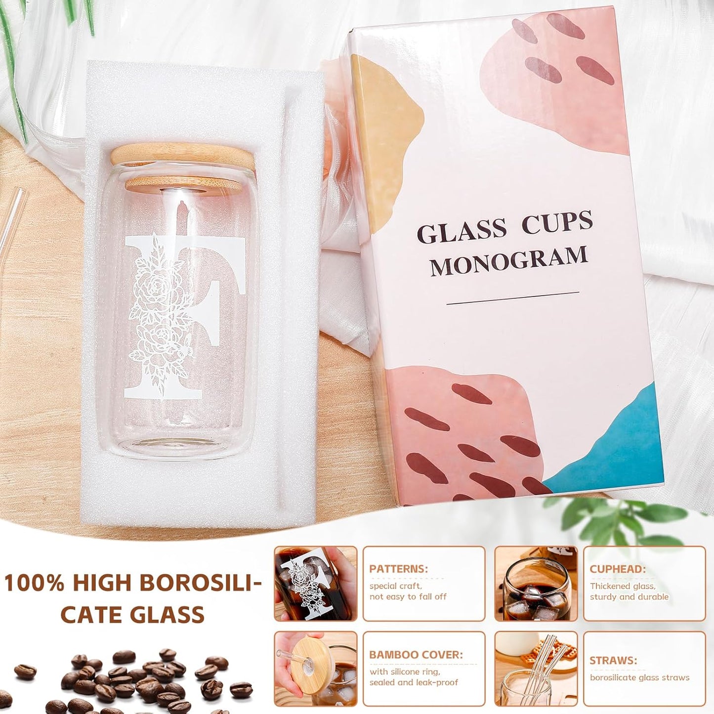 Glass Cups with Lids and Straws: Personalized Initial Glass Cup Be Used As Reusable Iced Coffee Cups with Lids,Cute Matcha Tumbler - The Christmas/Birthday Gifts for Women - M Smoothie Cup