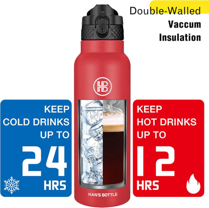 Han's Bottle Sports Water Bottle - 24 Oz, Straw Lid, Leak Proof, Vacuum Insulated Stainless Steel, Double Walled, Thermo Mug,Black