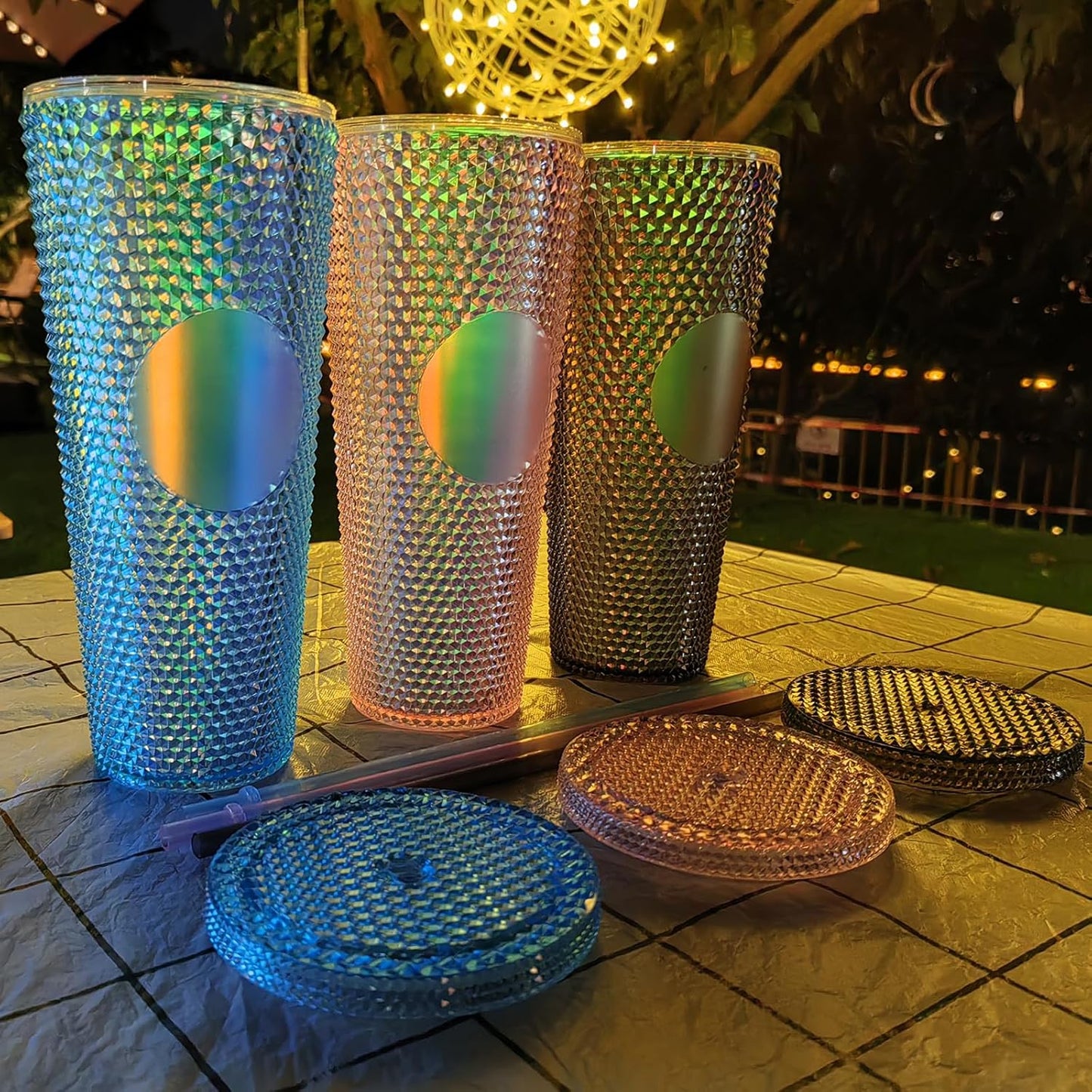 Studded Tumbler With Straw Tumblers With Lids And Straws Iridescent Blue Cups Water Cup With Straw And Lid BPA-Free Double-Wall Plastic for Iced Coffee Cups or Water 24 Oz