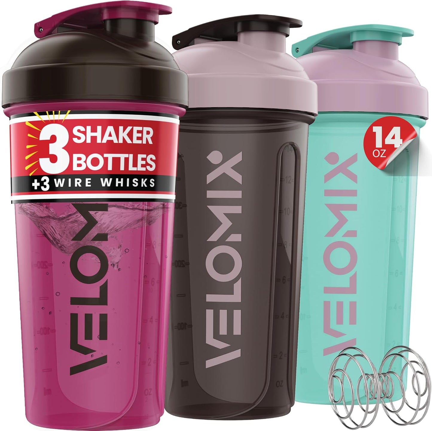 VELOMIX -3 PACK- 14 oz Protein Shaker Bottle for Protein Mixes - 3x Wire Whisk | Leak Proof Shaker Cups for Protein Shakes | Stackable Protein Shaker Bottle Pack | Dishwasher Safe (Mixed Colors)