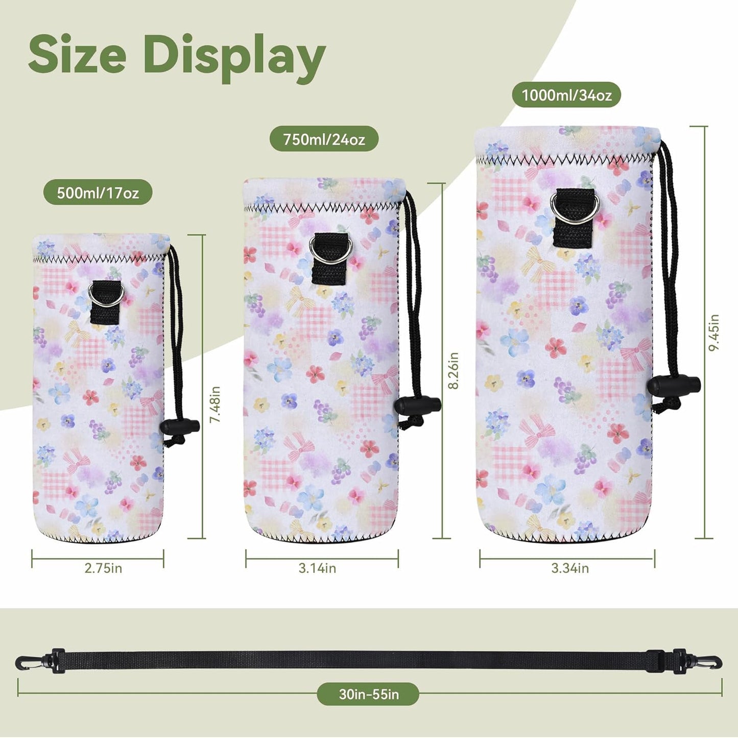 Neoprene 500ML/750ML/1000ML Water Bottle Bag Carrier, Portable Insulated Bottle Sling Holder Case Pouch with Adjustable Shoulder Strap for Men Women Walking Hiking Running