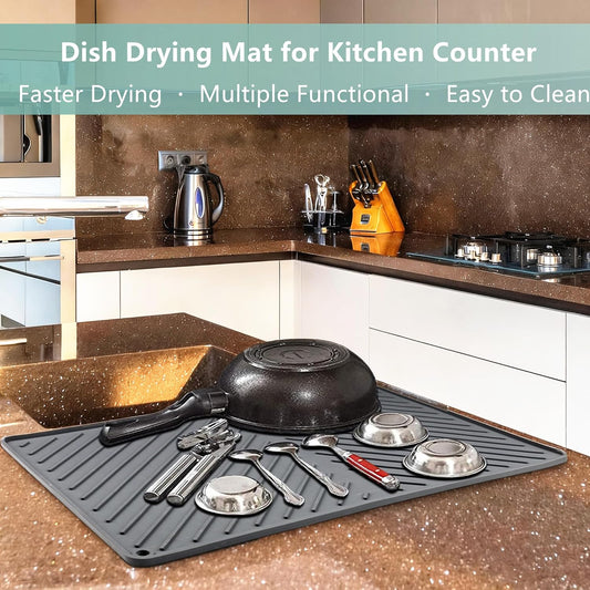 Dish Drying Mat, Silicone Dish Drying Mat for Kitchen Counter, Dish Drainboard Mat with Built-in Drain, Non-silp, Heat Resistant, Dishwasher Safe (Black, 14.6"x10.3")