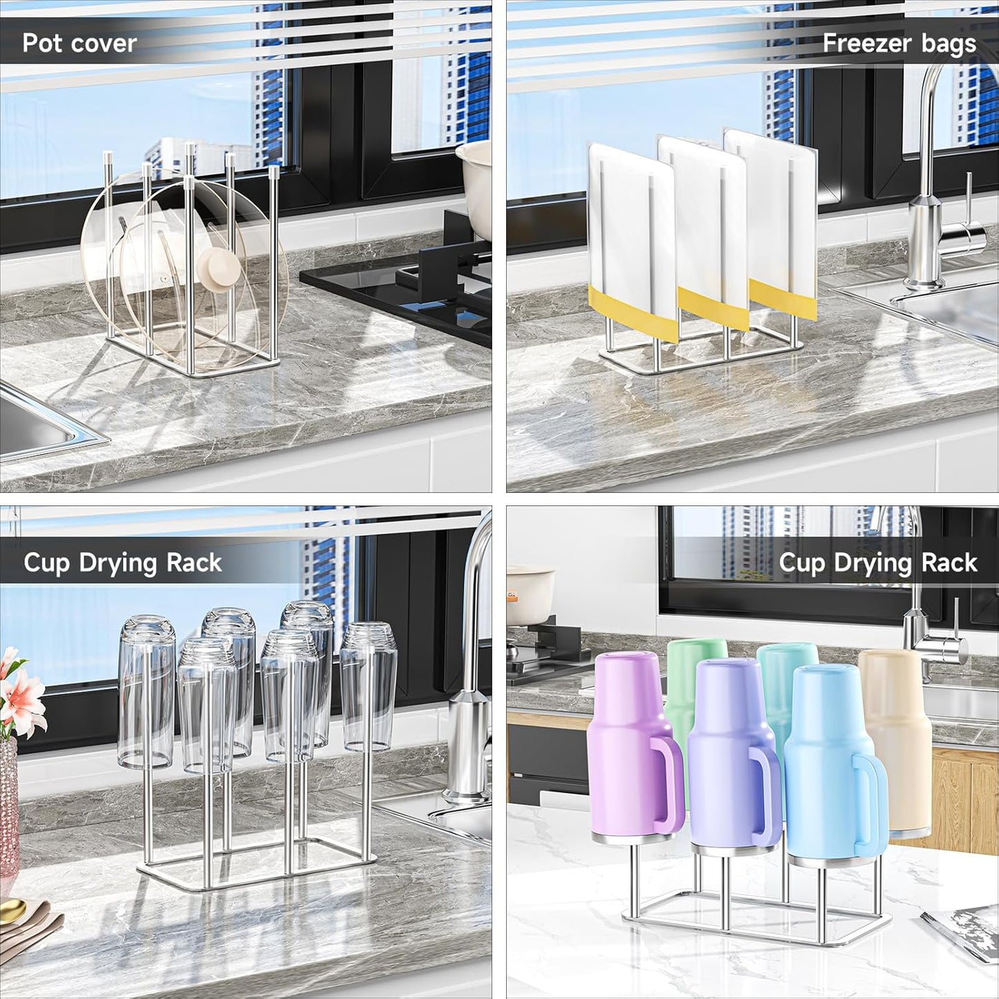 Water Bottle Drying Rack Reusable Bottle Rack Dryer Kitchen Stand Holder Metal Countertop Baby Bottle Drying Rack Water Cup Drying Rack for Plastic Bags, Bottles and Cups (Sliver, Small)