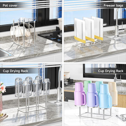 Water Bottle Drying Rack Reusable Bottle Rack Dryer Kitchen Stand Holder Metal Countertop Baby Bottle Drying Rack Water Cup Drying Rack for Plastic Bags, Bottles and Cups (Sliver, Small)