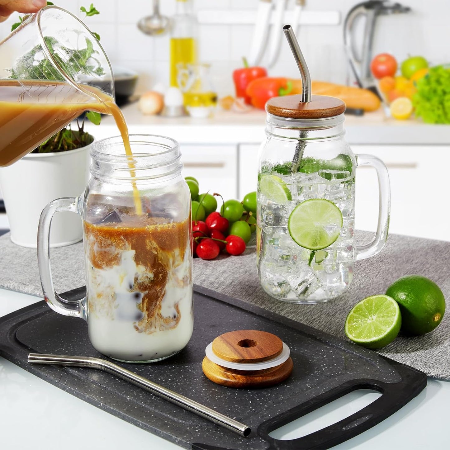 DRASTAR Iced Coffee Cup, 16 oz Mason Jar Cups with Handle, Small Glass Coffee Mugs with Straws and Acacia Lids, Drinking Glass Cups Set of 2, Smoothie, Overnight Oats Containers