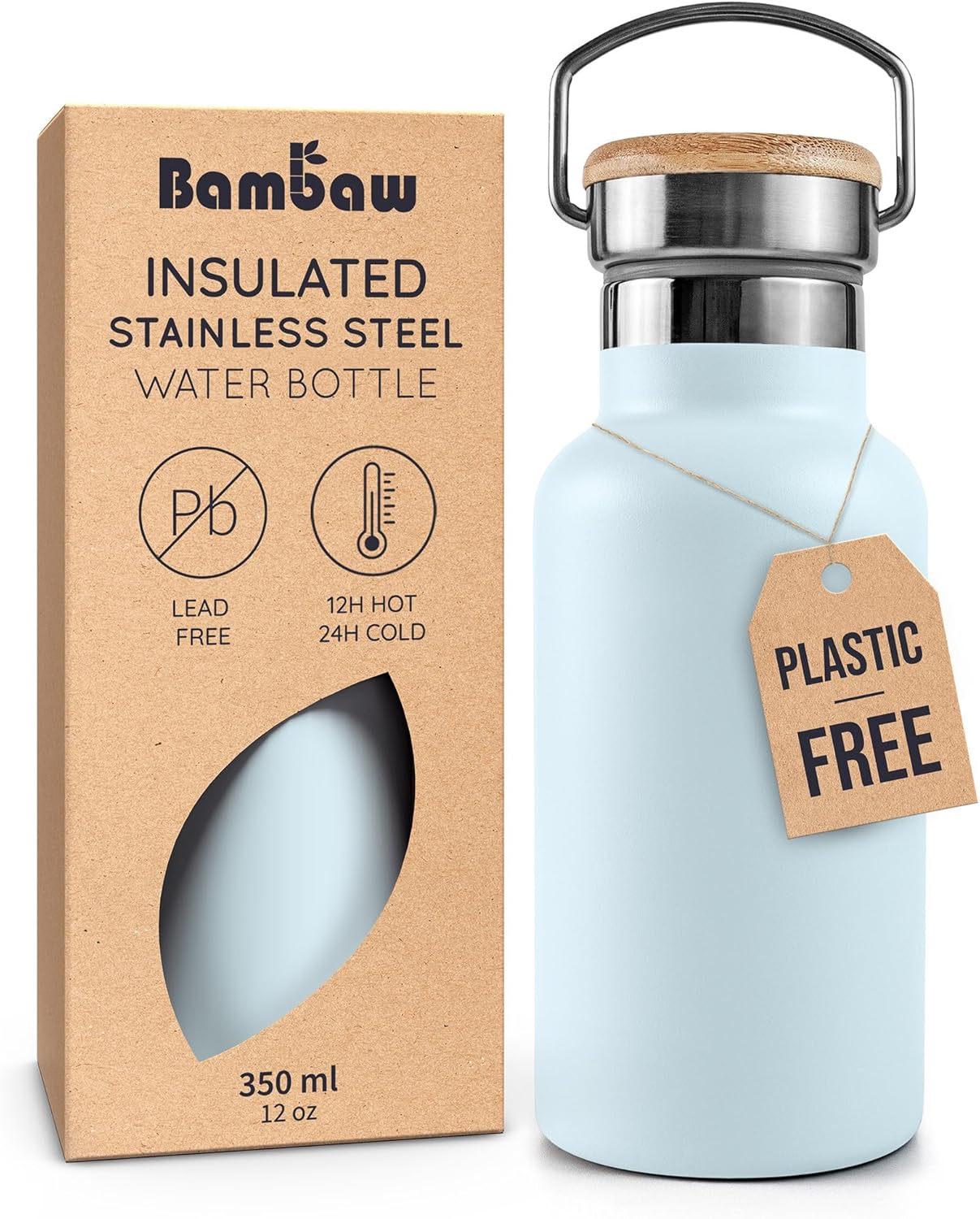 Bambaw 24 oz Stainless Steel Water Bottle, Insulated Metal Water Bottle Wide Mouth, Great for Hiking & Travel, With Handle Easy to Carry, Rust-Resistant & Durable (Aegean Blue)
