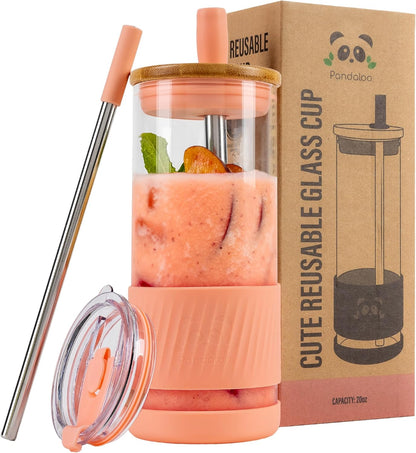 Pandaloo® Glass Cups With Lids and Straws -20 Fl Oz- Perfect Size Iced Coffee Cup - Smoothie Cup With Bamboo Lid and On the go Lid - Glass Tumbler With Straw (1 Count (Pack of 1), Lilac Rhapsody)