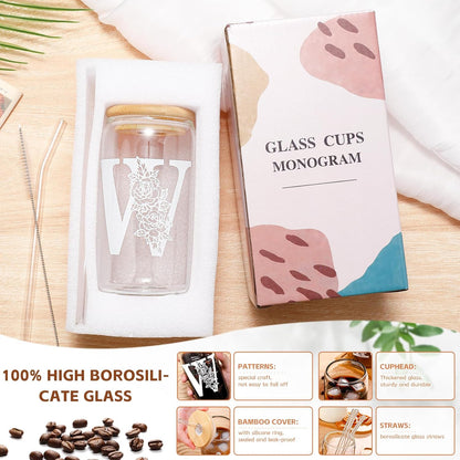 Glass Cups with Lids and Straws: Personalized Initial Glass Cup Be Used As Reusable Iced Coffee Cups with Lids,Cute Matcha Tumbler - The Christmas/Birthday Gifts for Women - M Smoothie Cup