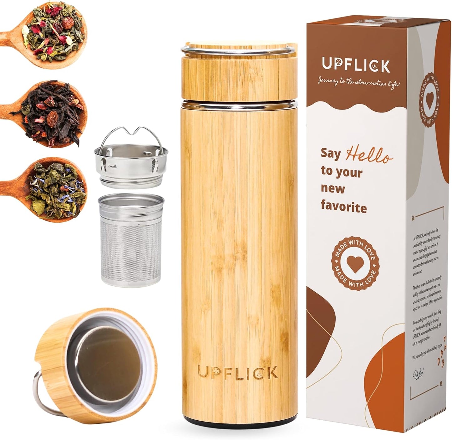 Bamboo Water Bottle Insulated Tea Tumbler for Men Birthday Gift, Women Travel Tea Set with Diffuser for Loose Tea Leaves, Stainless Steel Leak Proof Gift for Mom (15 oz)