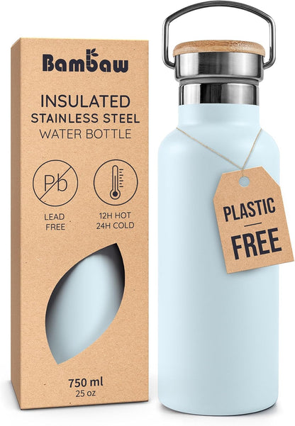 Bambaw 24 oz Stainless Steel Water Bottle, Insulated Metal Water Bottle Wide Mouth, Great for Hiking & Travel, With Handle Easy to Carry, Rust-Resistant & Durable (Aegean Blue)