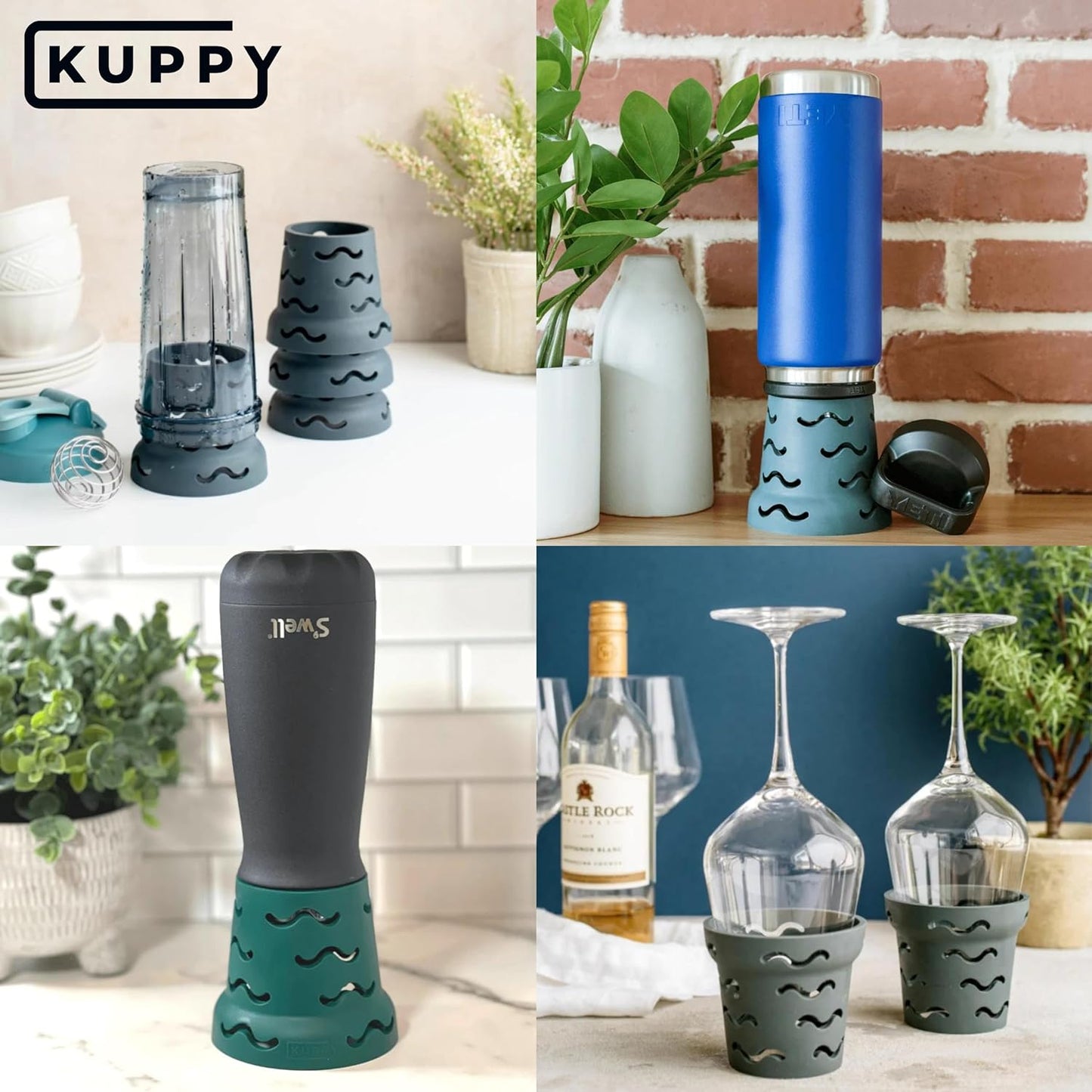 Kuppy Silicone Water Bottle Drying Rack - Fast-Dry Bottle Dryer for 20-64oz Cups - Reusable Food Storage Bag Drying Rack - Compatible with Stanley, Owala, Stasher (Gray, 4-Pack)