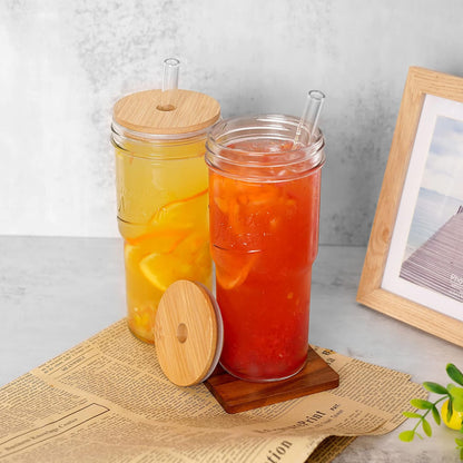 ANOTION Bamboo Mason Leakproof Mason Jar Cups with Lids and Straws, Cap Cup 24oz Glass Tumbler with Handle, Rotating Lid Silicone Straw, Reusable Iced Coffee Matcha Cup Coffee Gifts for Women 2pc