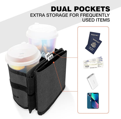 Perilogics Luggage Travel Cup Holder Hands Free Drink Caddy for Suitcase Handle. Perfect Airplane Travel Essential Accessory Gift for Frequent Traveler, Flight Attendant or with Children (Dark Gray)