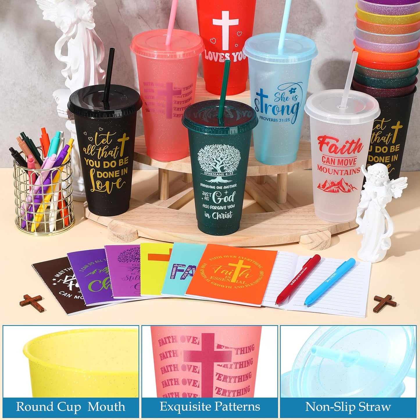Feifeiya 72 Pcs/ 24 Set Bible Verse Gifts Bulk 24 oz Father's Day Christian Plastic Tumbler with Lids and Straws Inspirational Prayer Notepads Religious Pen Church Cups Gift for Christian Party Favors