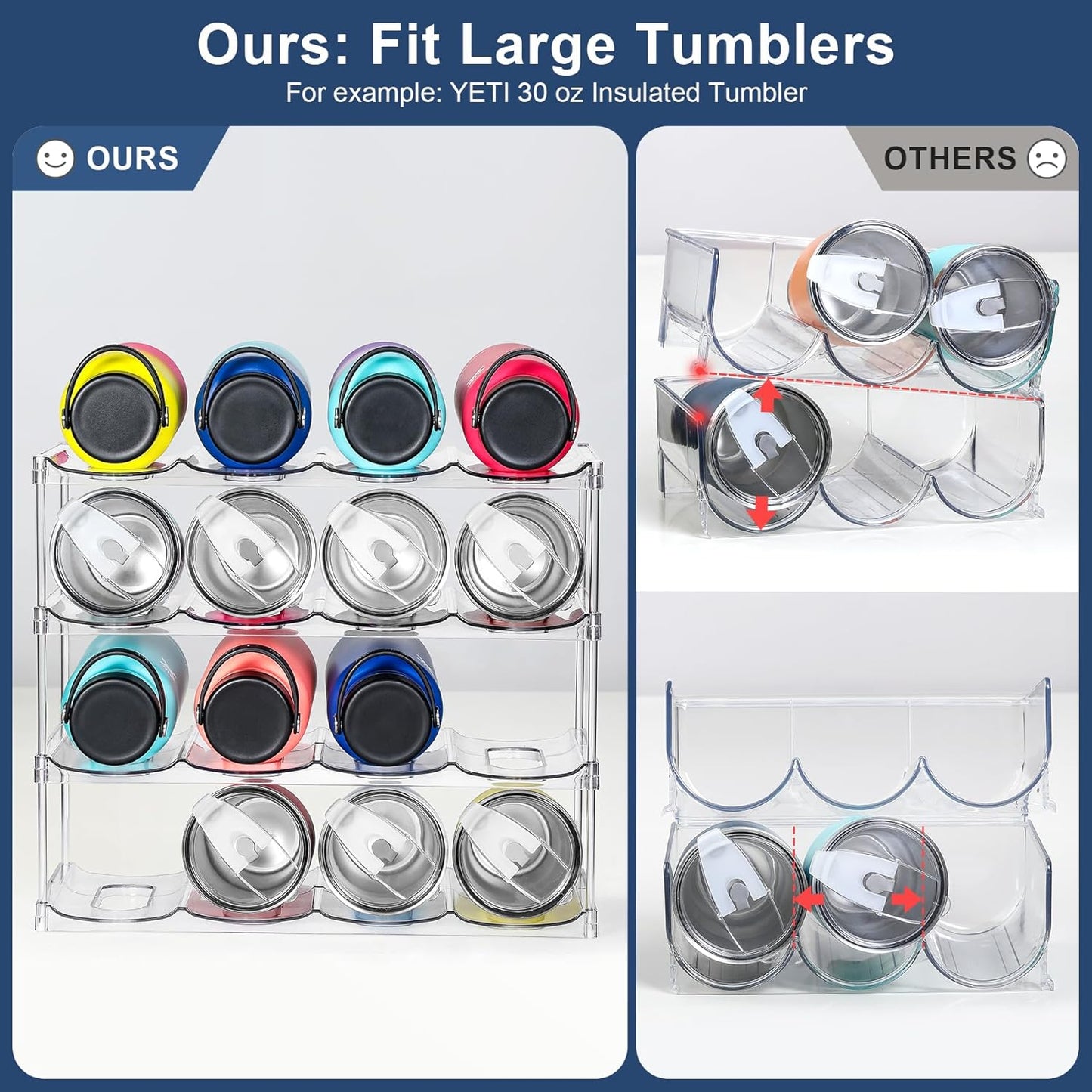 LARGER Compartment - 3 Tier Stackable Water Bottle Organizer Holder - for Stanley 40oz & Others' Large Tumbler - Clear Wine Rack, 12 Cup Bottle Holder for Cabinet Home Countertop Fridge Pantry Shelf