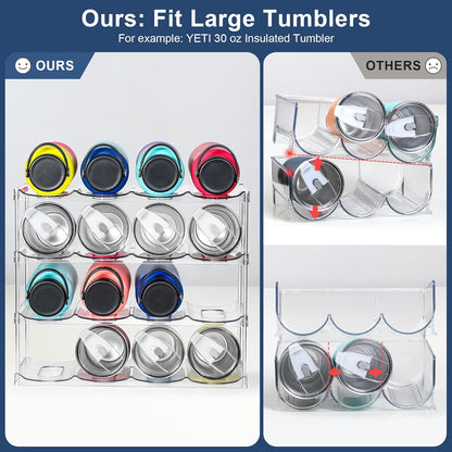 LARGER Compartment - 3 Tier Stackable Water Bottle Organizer Holder - for Stanley 40oz & Others' Large Tumbler - Clear Wine Rack, 12 Cup Bottle Holder for Cabinet Home Countertop Fridge Pantry Shelf