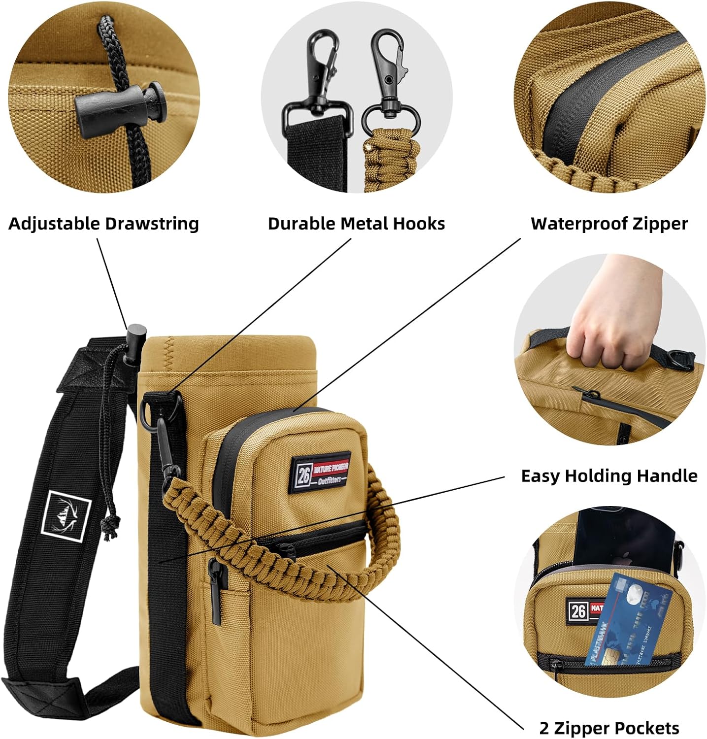 NATURE PIONEOR Water Bottle Holder with Adjustable Strap - 26/32/36/40/46/64oz Insulated Water Bottle Sling Carrier with Paracord Handle & 2 Pockets, Outdoor Sports, Hiking, Camping, Gym