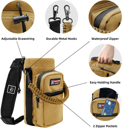 NATURE PIONEOR Water Bottle Holder with Adjustable Strap - 26/32/36/40/46/64oz Insulated Water Bottle Sling Carrier with Paracord Handle & 2 Pockets, Outdoor Sports, Hiking, Camping, Gym