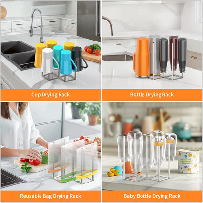 KORRTFID Foldable Bottle Drying Rack, Baby Bottle Drying Rack, Collapsible Cup Draining Holder, Retractable Reusable Storage Bag Dryer with Non-Slip Bottom - Stainless Steels (Silver)