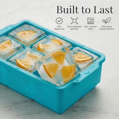 KitchFort Large Silicone Ice Cube Tray (2-Pack), Easy Release 2" Big Ice Cubes - Cocktail, Whiskey Ice Cubes Mold - Ice Trays for Freezer with Lid - Stackable Silicone Ice Tray - Black