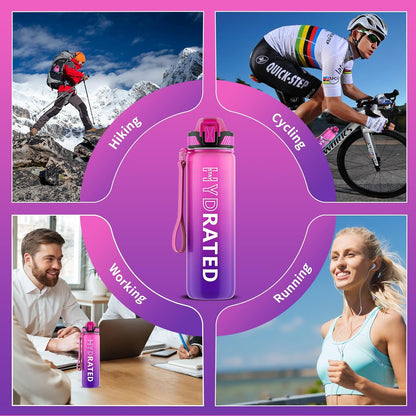 QLUR Water Bottle with Straw, 32oz Motivational Water Bottles with Time Marker to Drink, Tritan BPA Free, 1L Sports Water Bottle with Carry Strap LeakProof for Women Gym Fitness Outdoor (1 Pack)