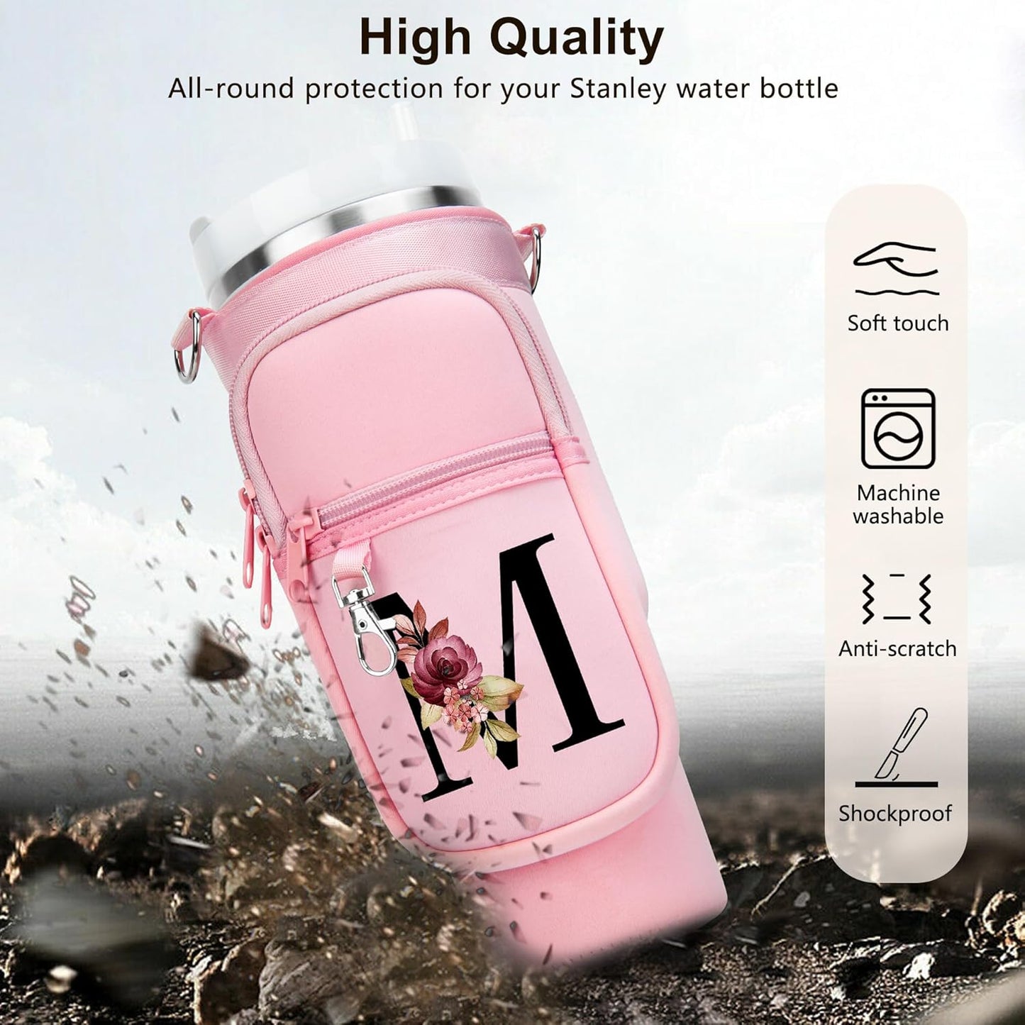 LOKASS Personalized Water Bottle Holder with Strap for Stanley Cup Accessories 40 oz, Initial for Stanley Cup Holder Carrier Bag with Phone Pocket, Stylish Tumbler Accessories for Daily Use Hands-Free