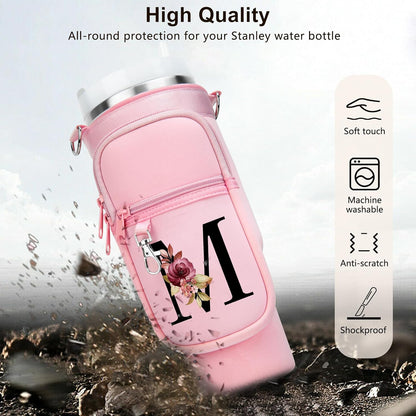 LOKASS Personalized Water Bottle Holder with Strap for Stanley Cup Accessories 40 oz, Initial for Stanley Cup Holder Carrier Bag with Phone Pocket, Stylish Tumbler Accessories for Daily Use Hands-Free