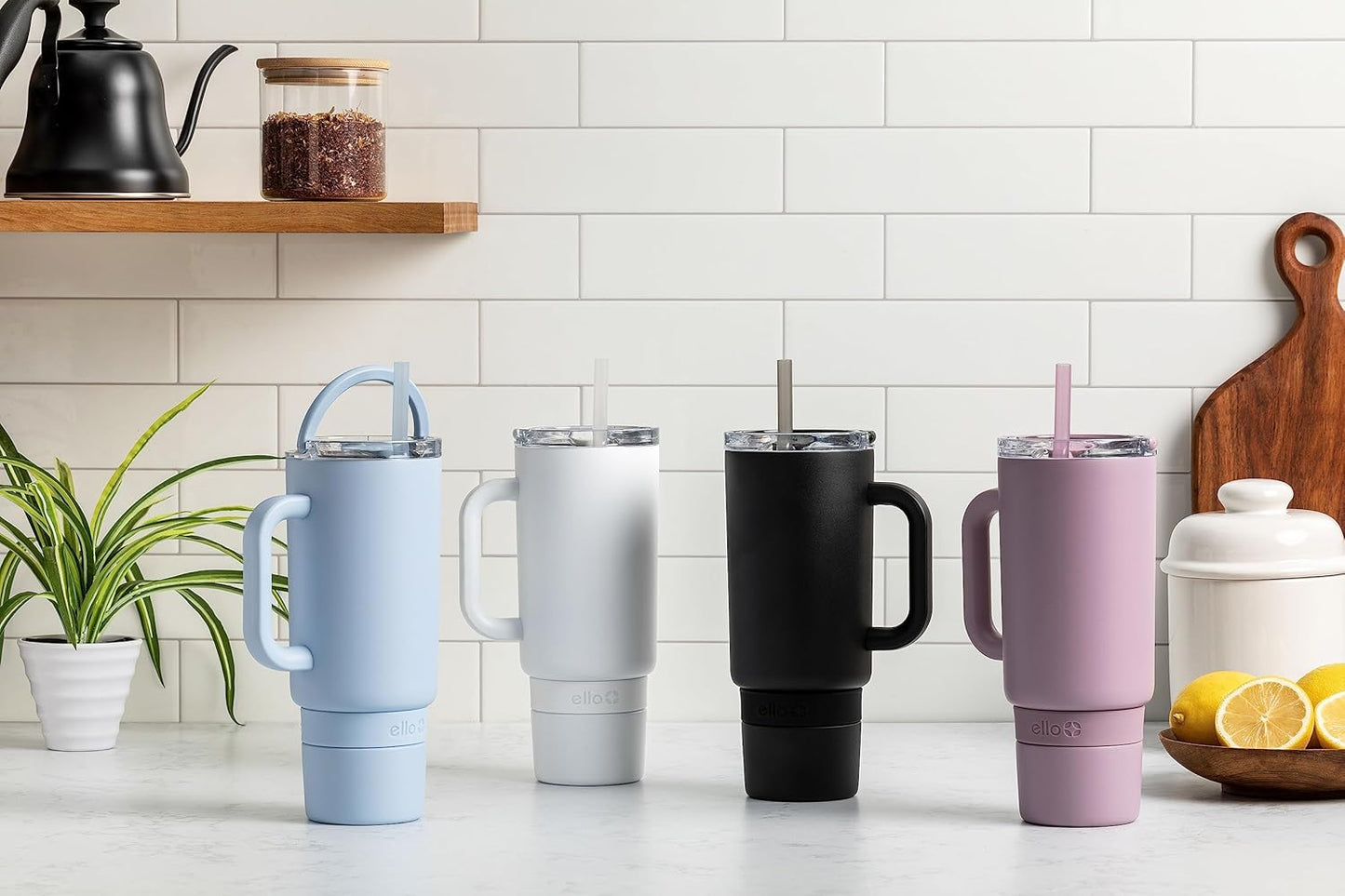 Ello Port 40oz Tumbler with Carry Loop & Integrated Handle, Vacuum Insulated Stainless Steel Reusable Water Bottle, Travel Mug with Leak Proof Lid & Straw, Perfect for Iced Coffee & Tea, White
